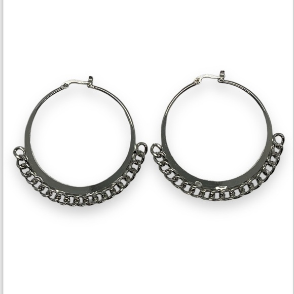 Silver Tone Hoop Earrings with Cuban Chain Lever Back - Picture 1 of 4